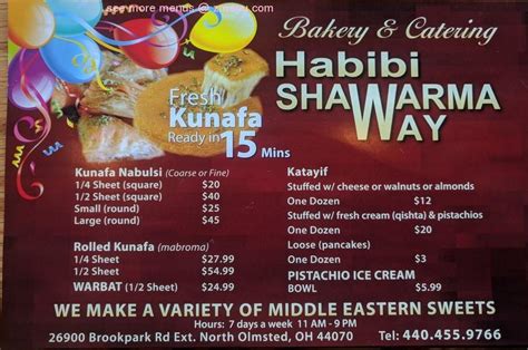 Habibi shawrma way and bakery north olmsted photos - Ohio North Olmsted Habibi shawarma way and bakery Habibi shawarma way and bakery Menu and Delivery in North Olmsted Too far to deliver Habibi shawarma way and bakery Salads • Read 5-Star Reviews • More info 26900 Brookpark Road Extension, North Olmsted, OH 44070 Enter your address above to see fees, and delivery + pickup estimates.